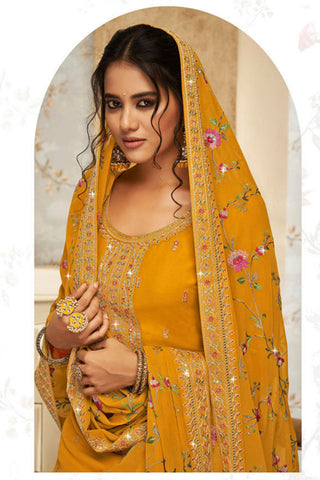 Fascinating Yellow Color Georgette Fabric Embroidered Palazzo Suit