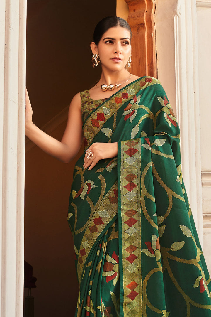 Fancy Work Soothing Art Silk Saree In Green Color