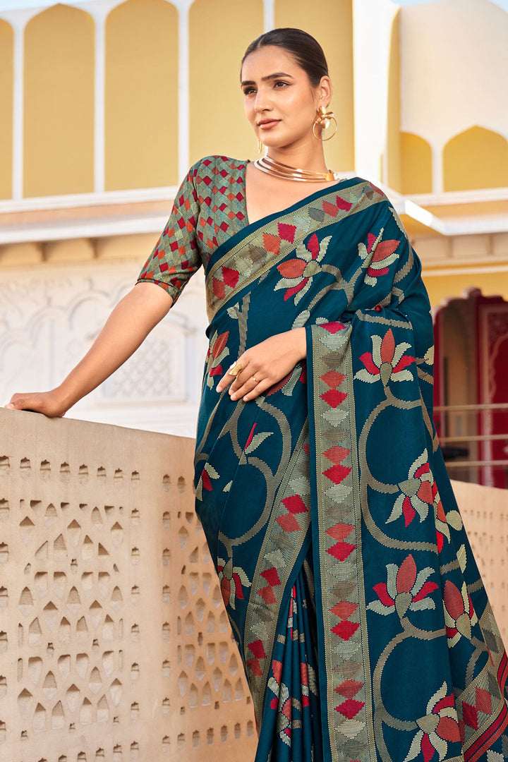 Teal Color Glorious Art Silk Saree With Fancy Work | Buy Online India