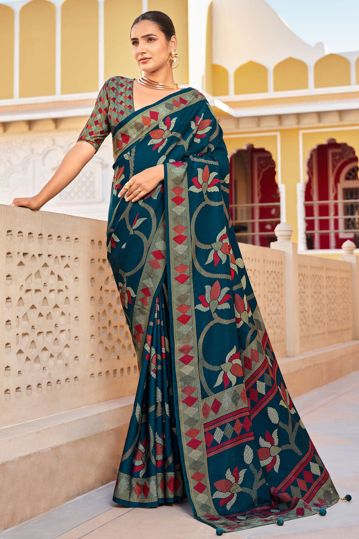 Teal Color Glorious Art Silk Saree With Fancy Work | Buy Online India