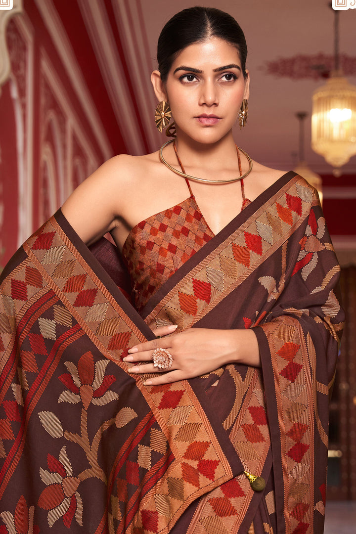 Fancy Work Attractive Art Silk Saree In Brown Color