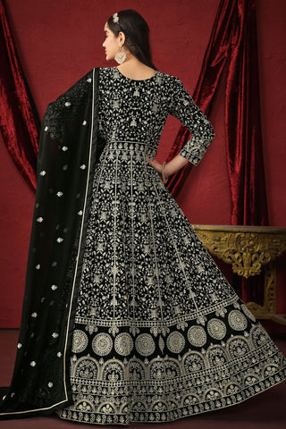 Tempting Georgette Fabric Black Color Embroidered Anarkali Suit