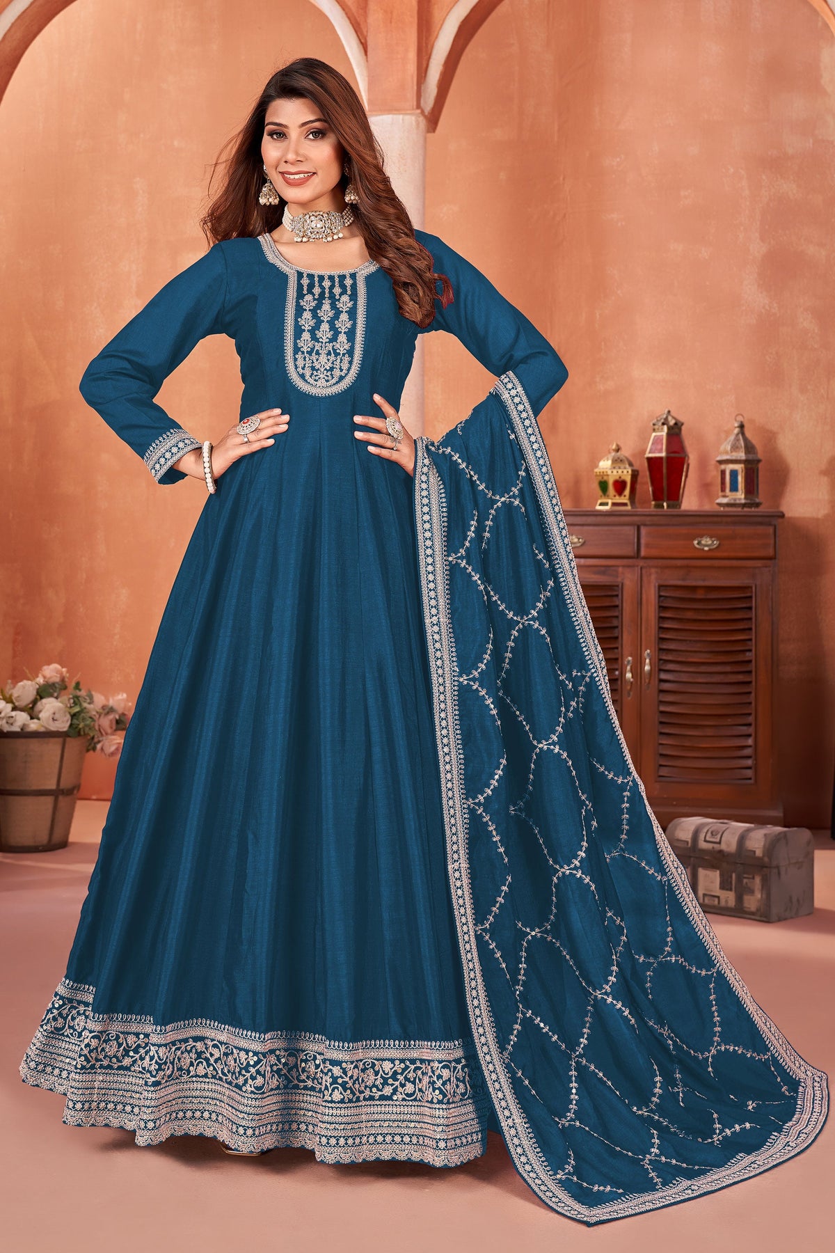 Fascinating Teal Color Art Silk Fabric Function Wear Anarkali Suit