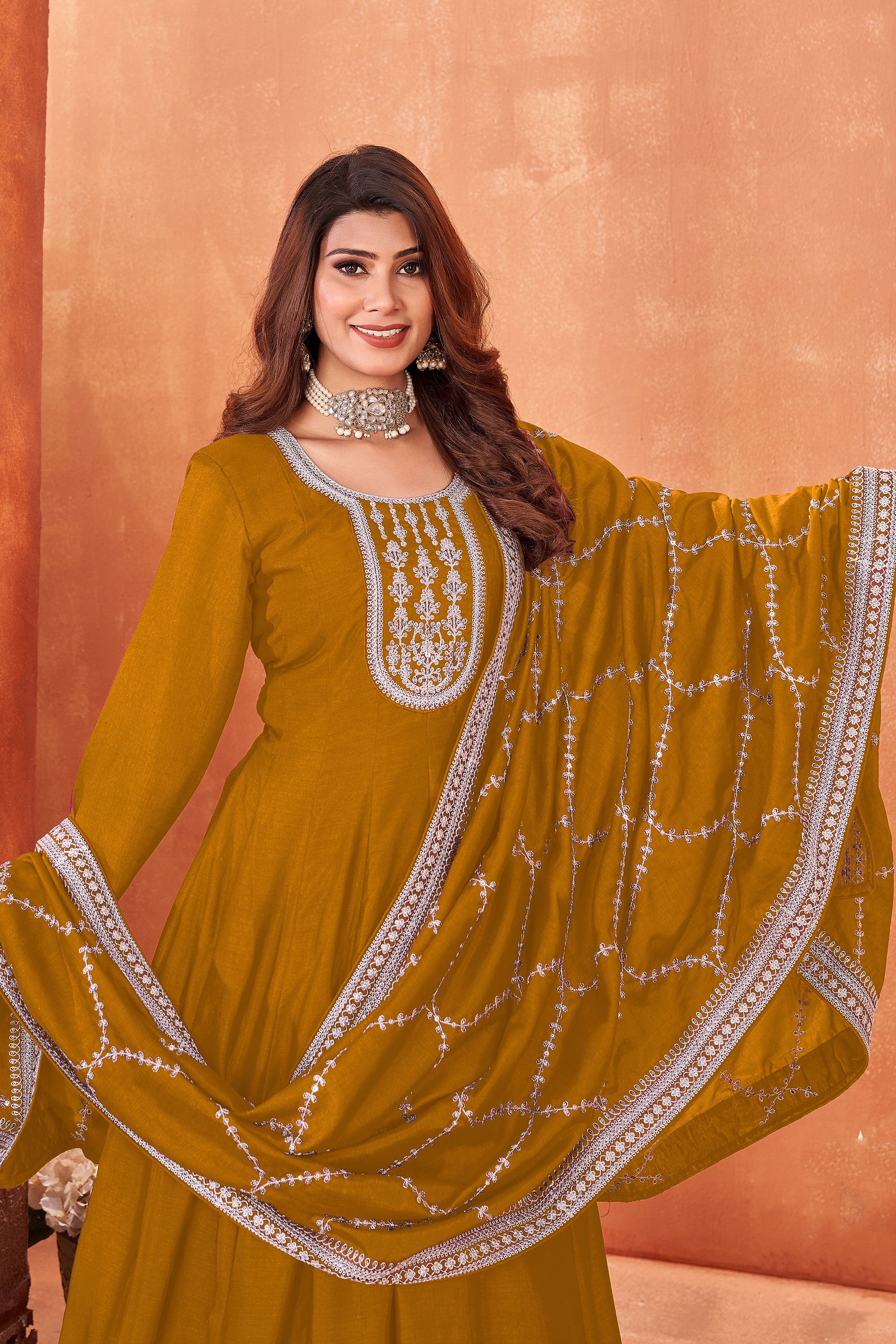 Radiant Mustard Color Art Silk Fabric Function Wear Anarkali Suit