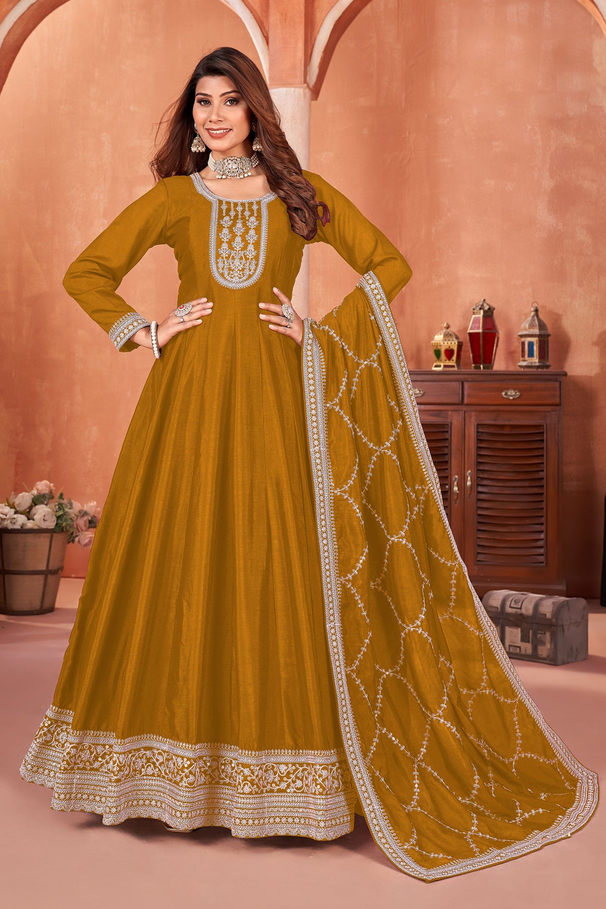 Radiant Mustard Color Art Silk Fabric Function Wear Anarkali Suit