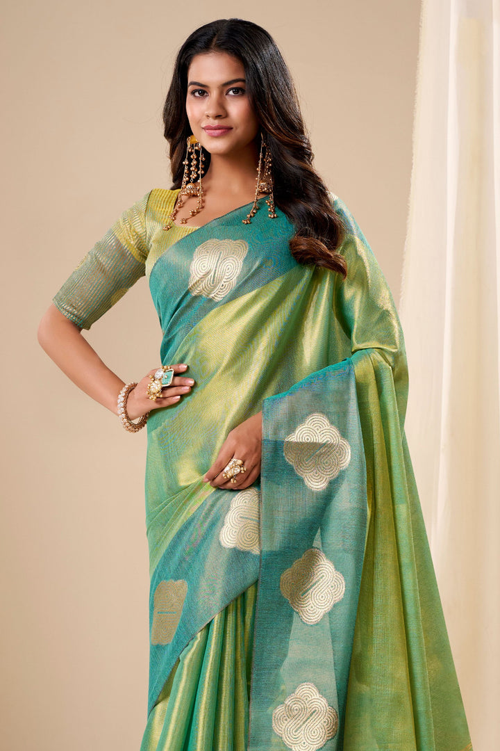 Weaving Work On Captivating Tissue Silk Fabric Sea Green Saree