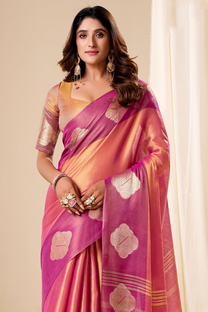 Weaving Work Awesome Tissue Silk Fabric Pink Saree