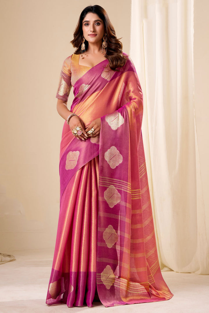 Weaving Work Awesome Tissue Silk Fabric Pink Saree