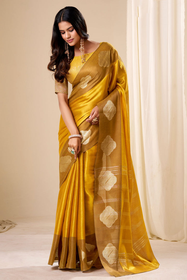 Yellow Color Fantastic Tissue Silk Fabric Saree With Weaving Work