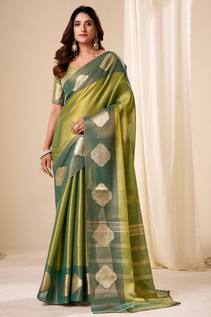 Appealing Weaving Work On Tissue Silk Fabric Saree In Green Color | Buy Online India