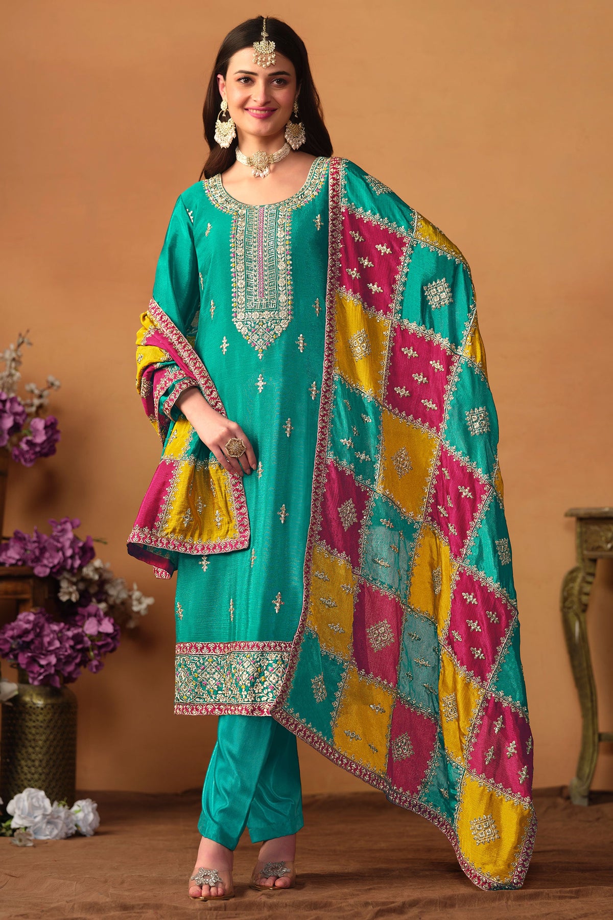 Sea Green Color Glittering Chinon Silk Fabric Designer Suit With Multi Color Dupatta