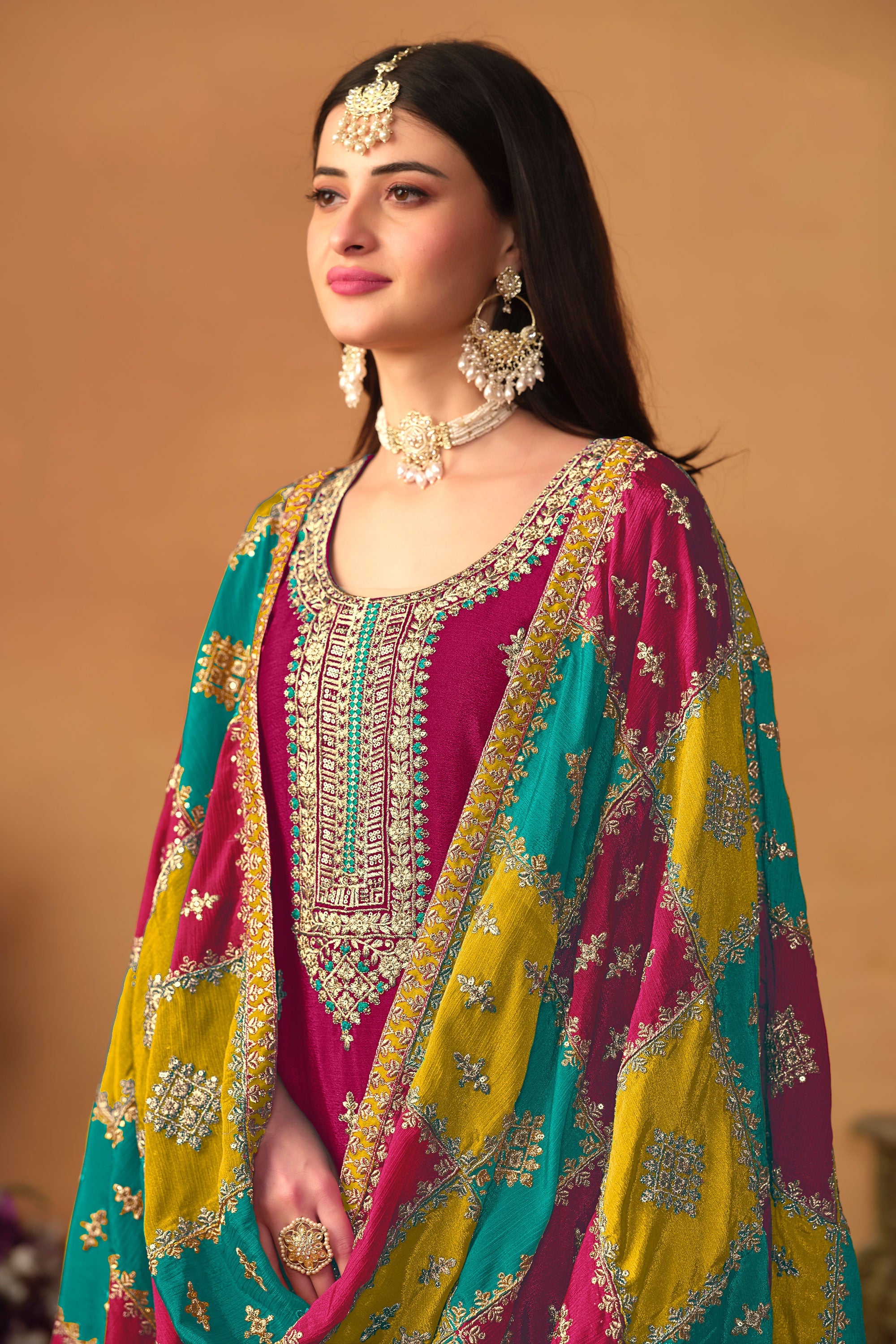 Fascinating Rani Color Chinon Silk Fabric Designer Suit With Multi Color Dupatta