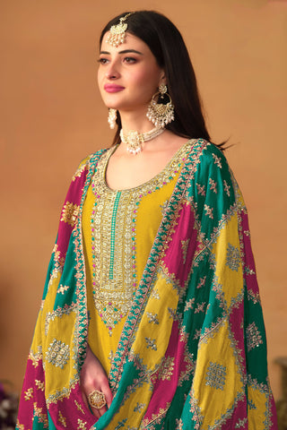 Dazzling Chinon Silk Fabric Yellow Color Designer Suit With Multi Color Dupatta