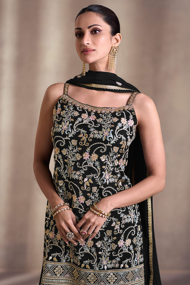 Diksha Singh Black Color Georgette Fabric Function Wear Awesome Palazzo Suit | Buy Online India