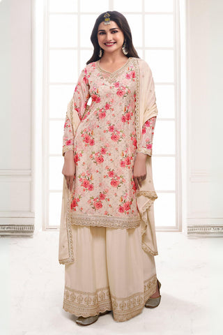 Prachi Desai Beige Color Chinon Fabric Floral Printed Awesome Palazzo Suit