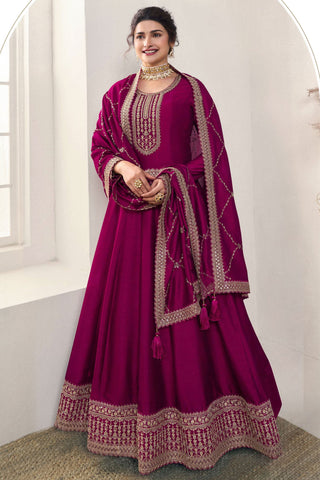 Prachi Desai Tempting Art Silk Fabric Magenta Color Embroidered Anarkali Suit