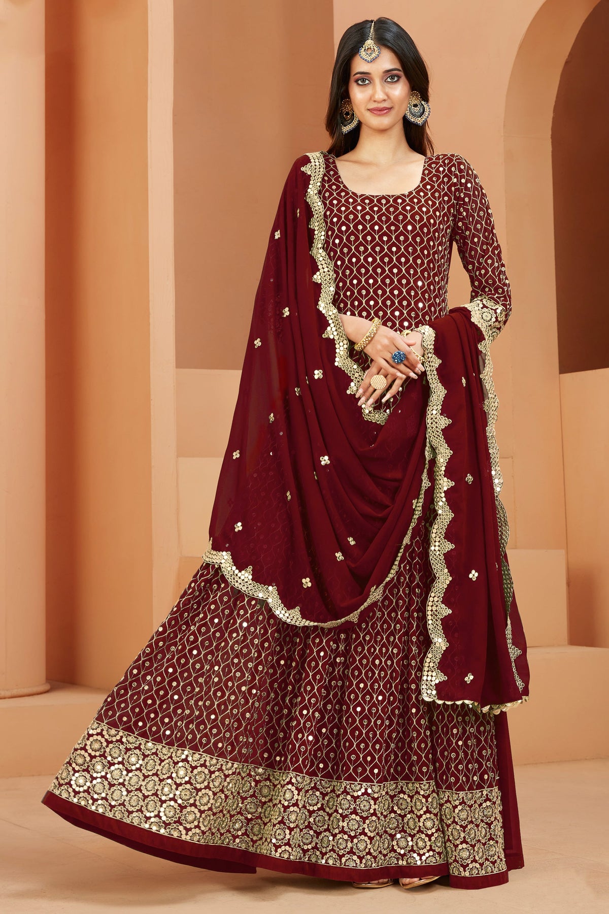 Sequins Work Maroon Color Inventive Anarkali Suit In Georgette Fabric