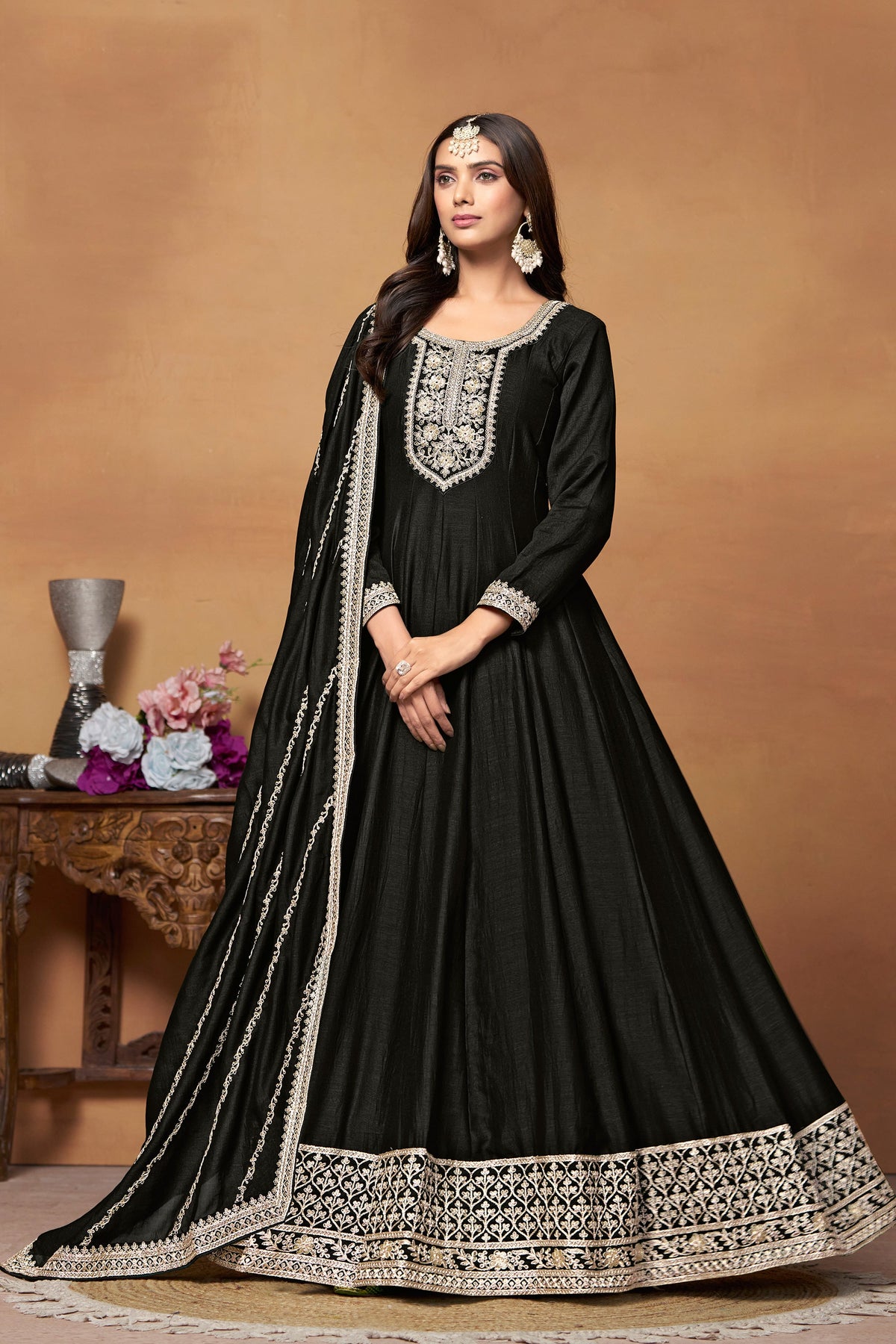 Black Color Art Silk Fabric Alluring Function Wear Anarkali Suit