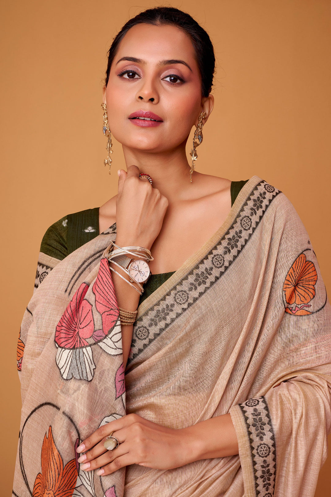 Amazing Printed Peach Color Cotton Saree