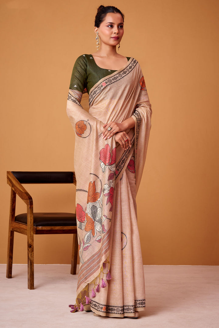 Amazing Printed Peach Color Cotton Saree