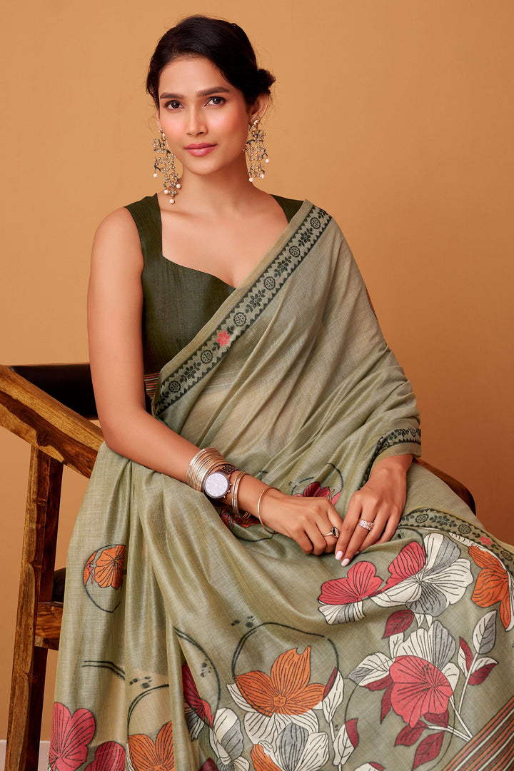 Sea Green Color Printed Work Chic Cotton Saree