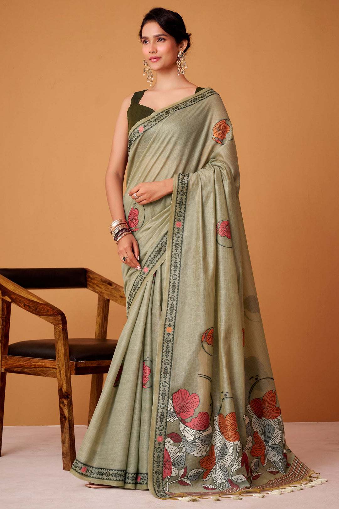 Sea Green Color Printed Work Chic Cotton Saree
