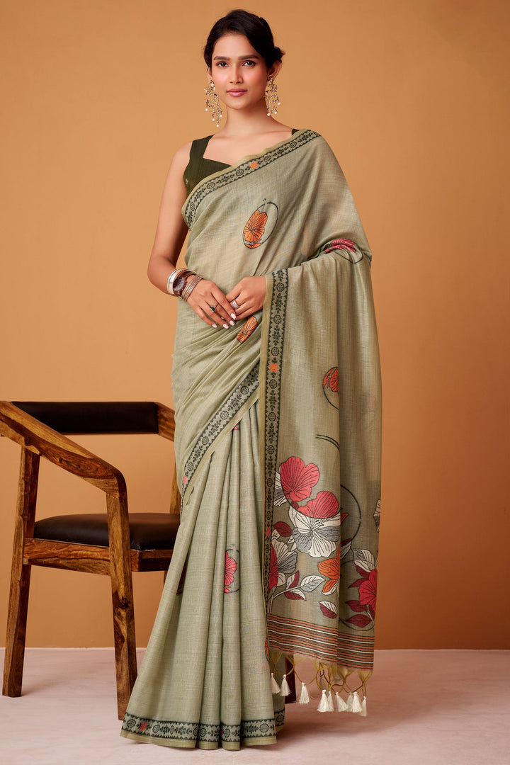 Sea Green Color Printed Work Chic Cotton Saree