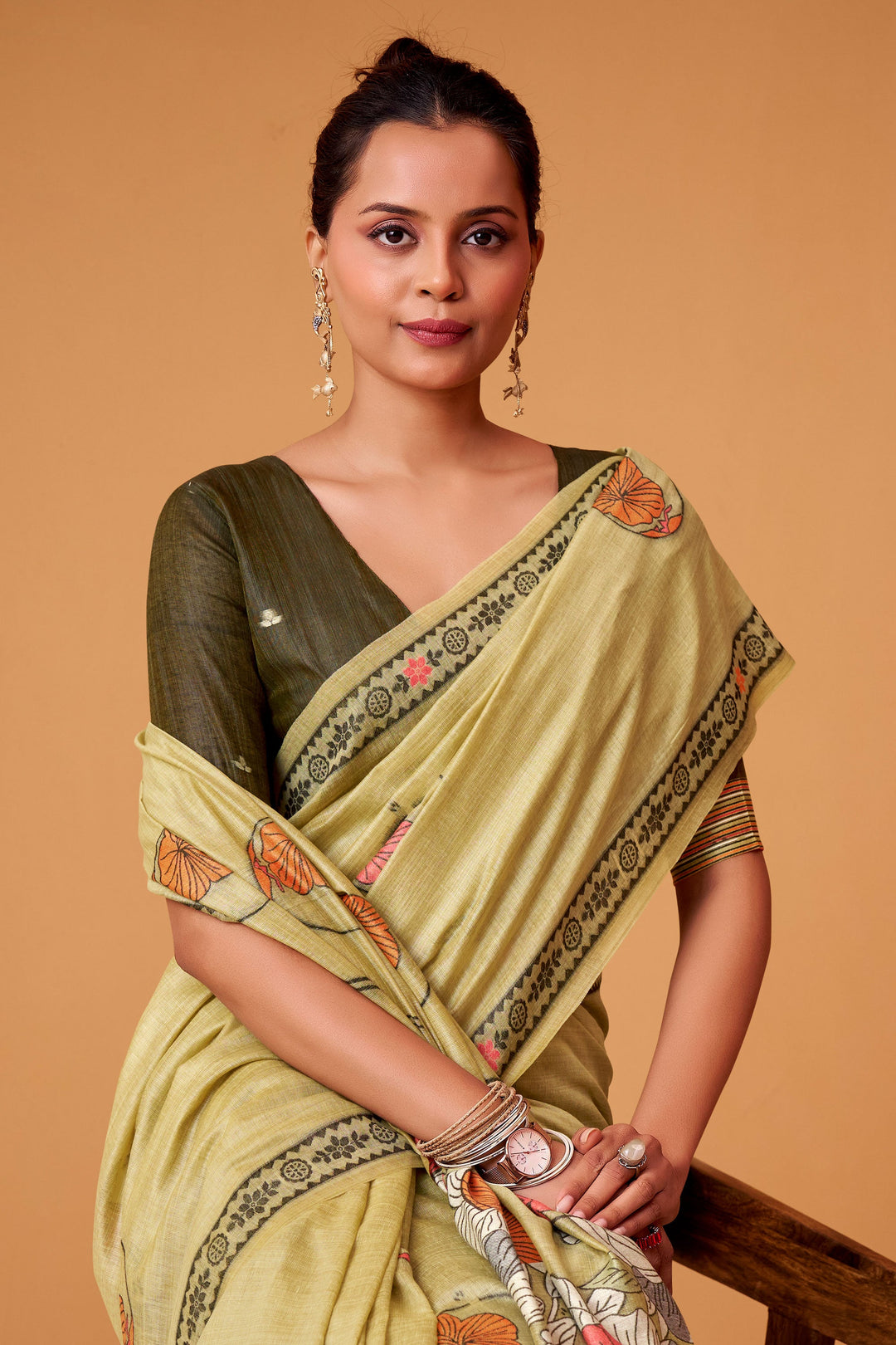 Printed Work Cream Color Gorgeous Cotton Saree | Buy Online India