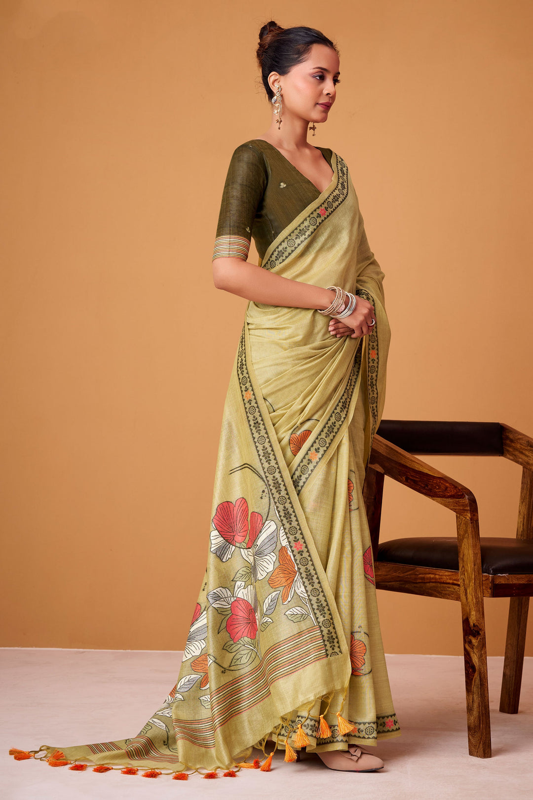 Printed Work Cream Color Gorgeous Cotton Saree | Buy Online India