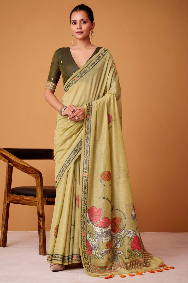 Printed Work Cream Color Gorgeous Cotton Saree | Buy Online India