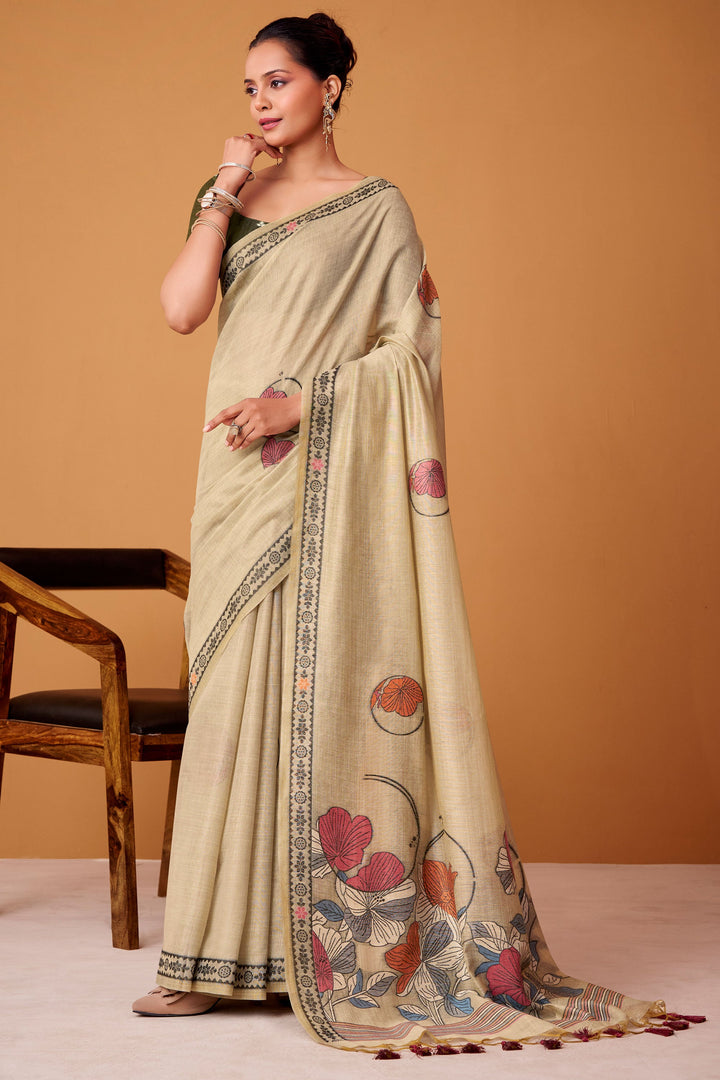 Graceful Beige Color Cotton Saree With Printed Work