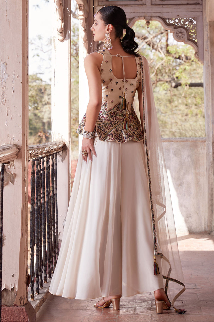 Beige Color Satin Fabric Enticing Readymade Sharara Suit