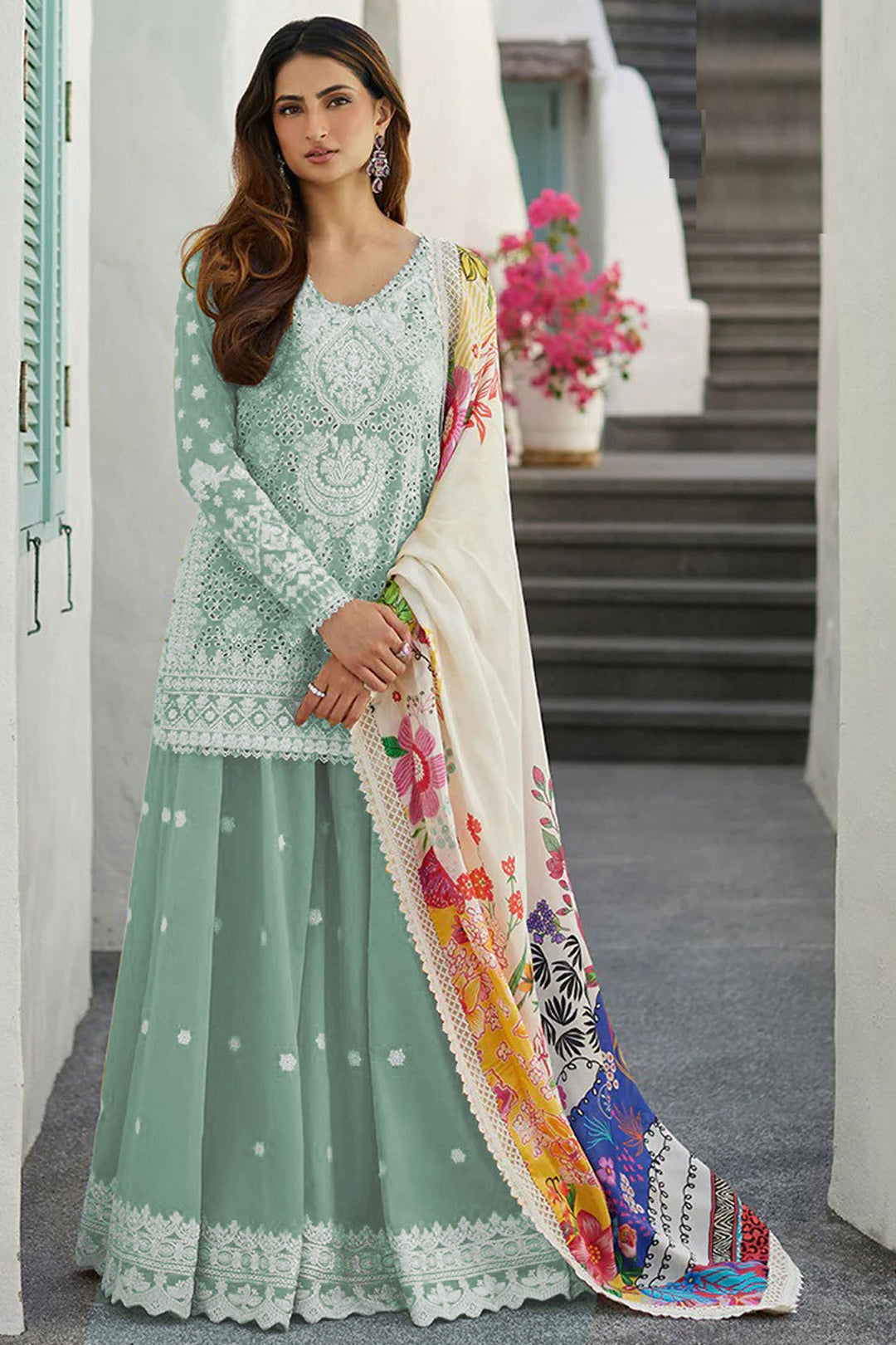 Palak Tiwari Sea Green Color Rayon Fabric Engaging Sharara Top Lehenga | Buy Online India