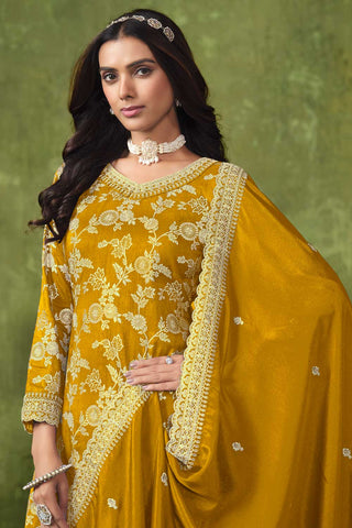 Dola Silk Fabric Mustard Color Jacquard Work Elegant Palazzo Suit