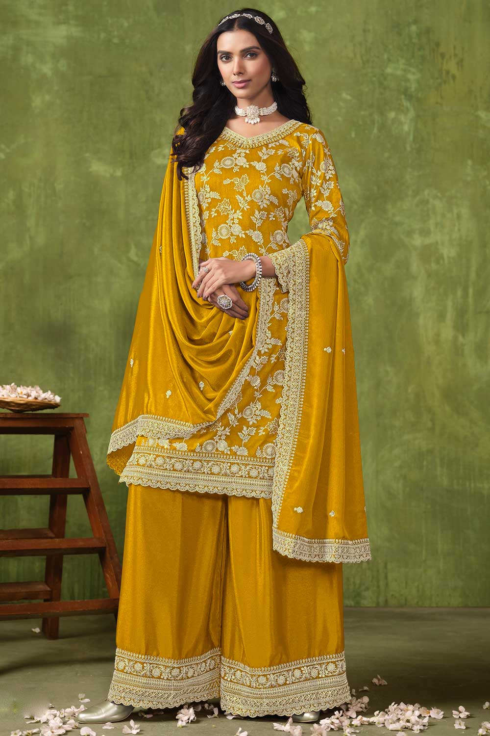 Dola Silk Fabric Mustard Color Jacquard Work Elegant Palazzo Suit