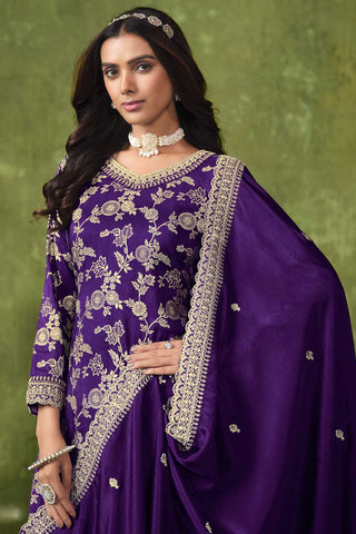 Purple Color Dola Silk Fabric Jacquard Work Classic Palazzo Suit