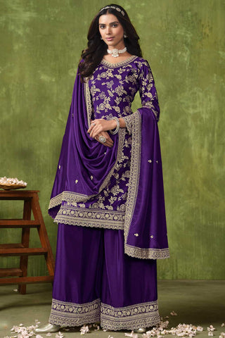 Purple Color Dola Silk Fabric Jacquard Work Classic Palazzo Suit