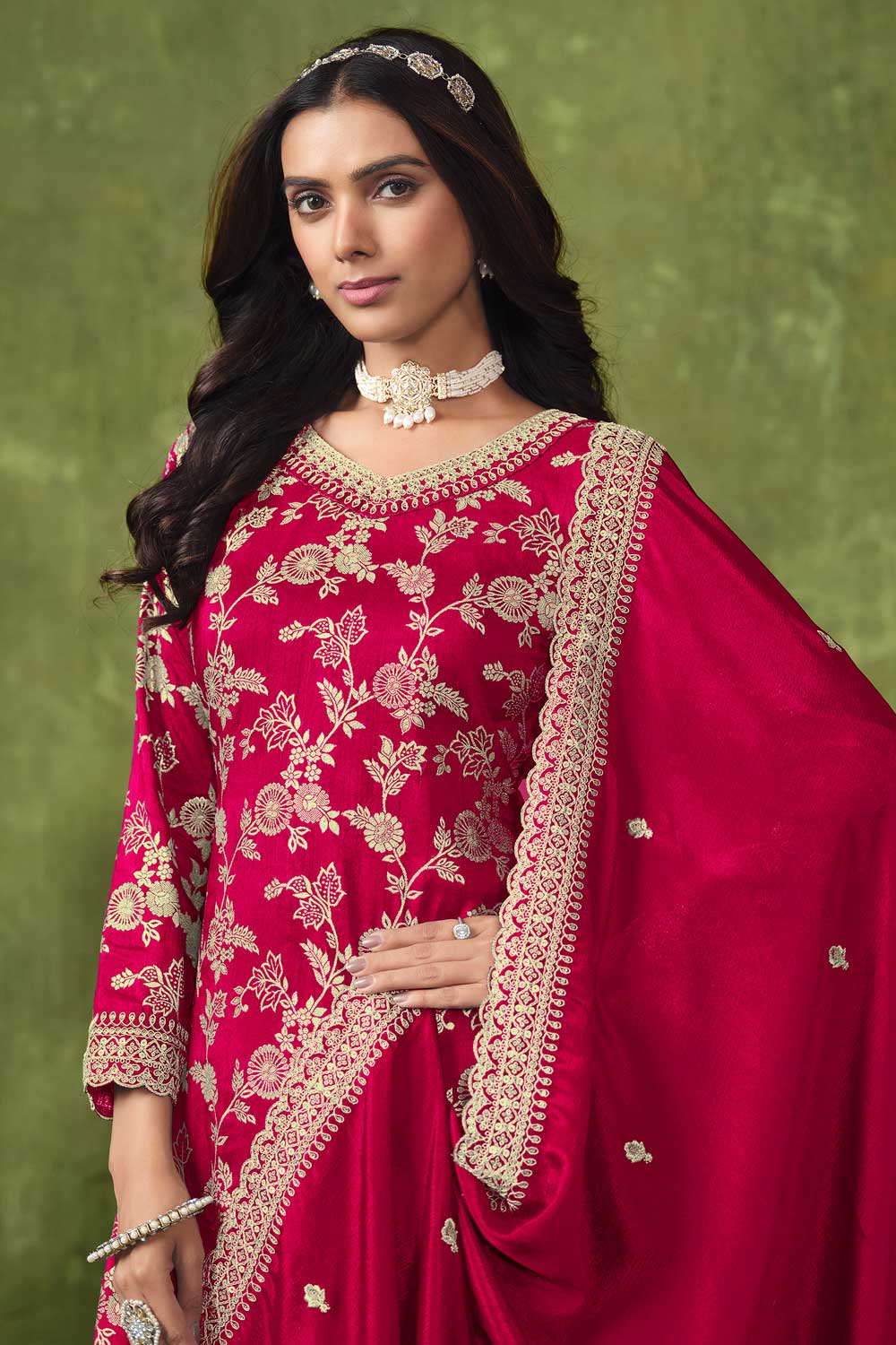 Dola Silk Fabric Jacquard Work Lovely Palazzo Suit In Rani Color