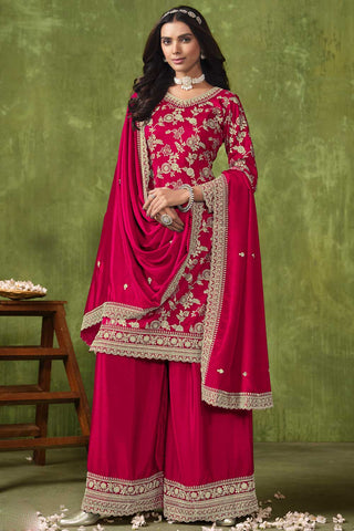 Dola Silk Fabric Jacquard Work Lovely Palazzo Suit In Rani Color