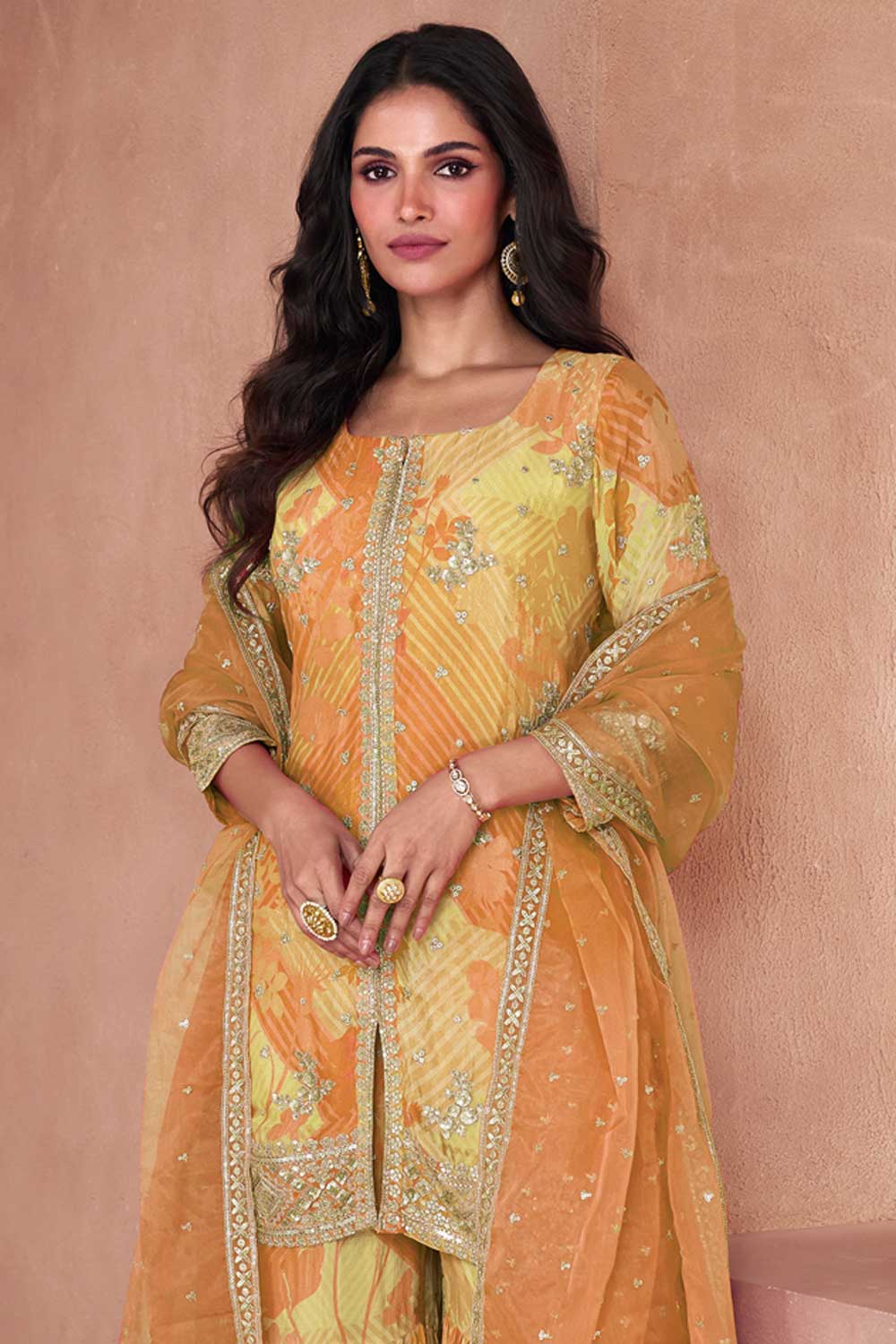 Georgette Fabric Yellow Color Patterned Palazzo Suit