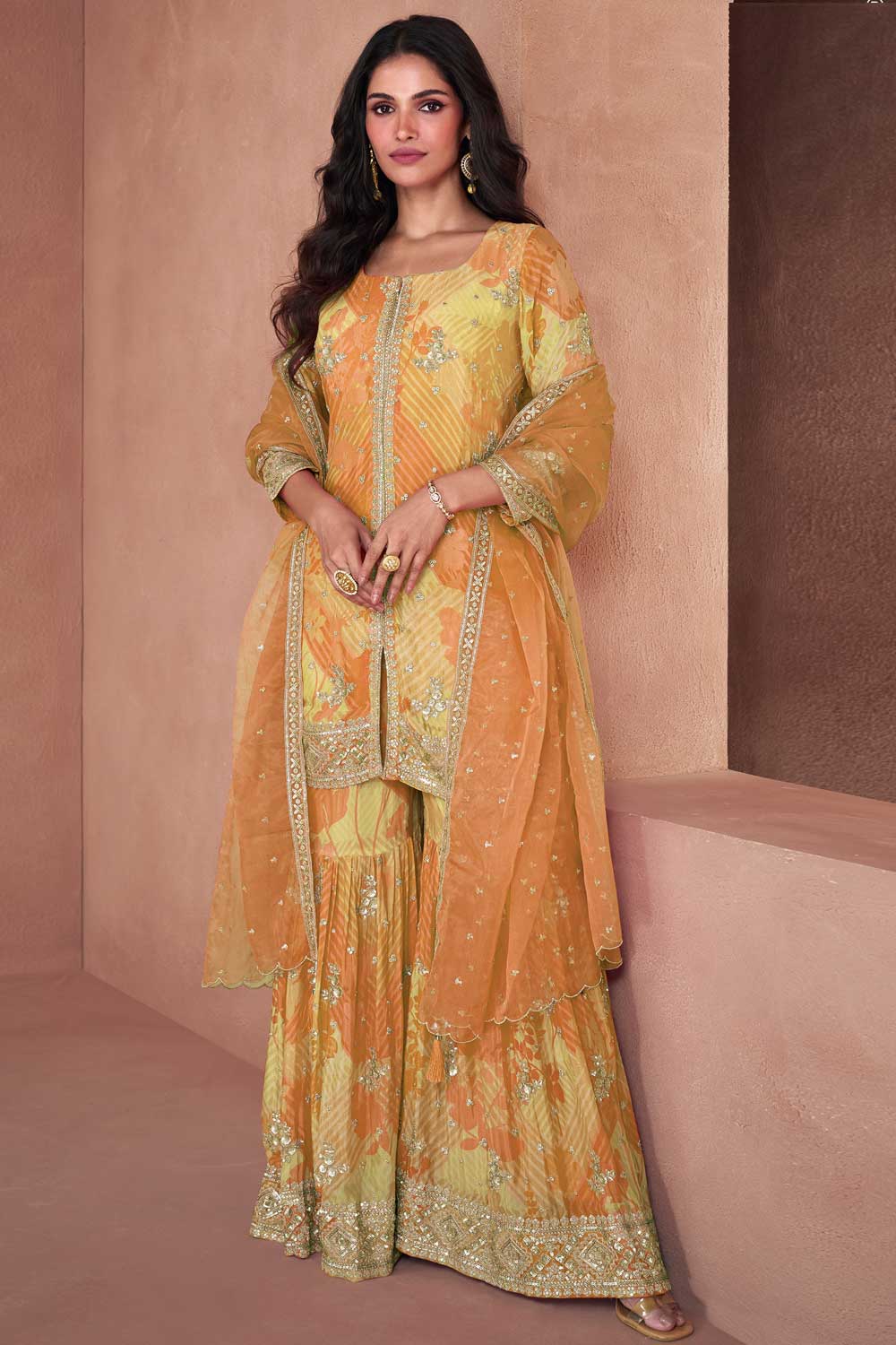 Georgette Fabric Yellow Color Patterned Palazzo Suit