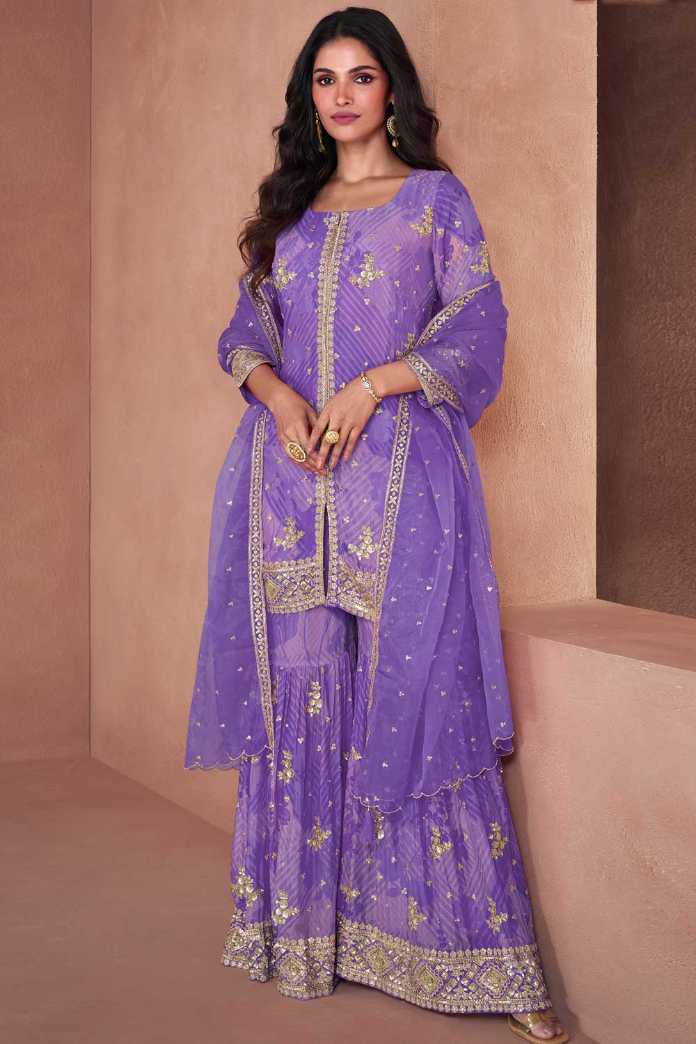 Lavender Color Georgette Fabric Engaging Palazzo Suit