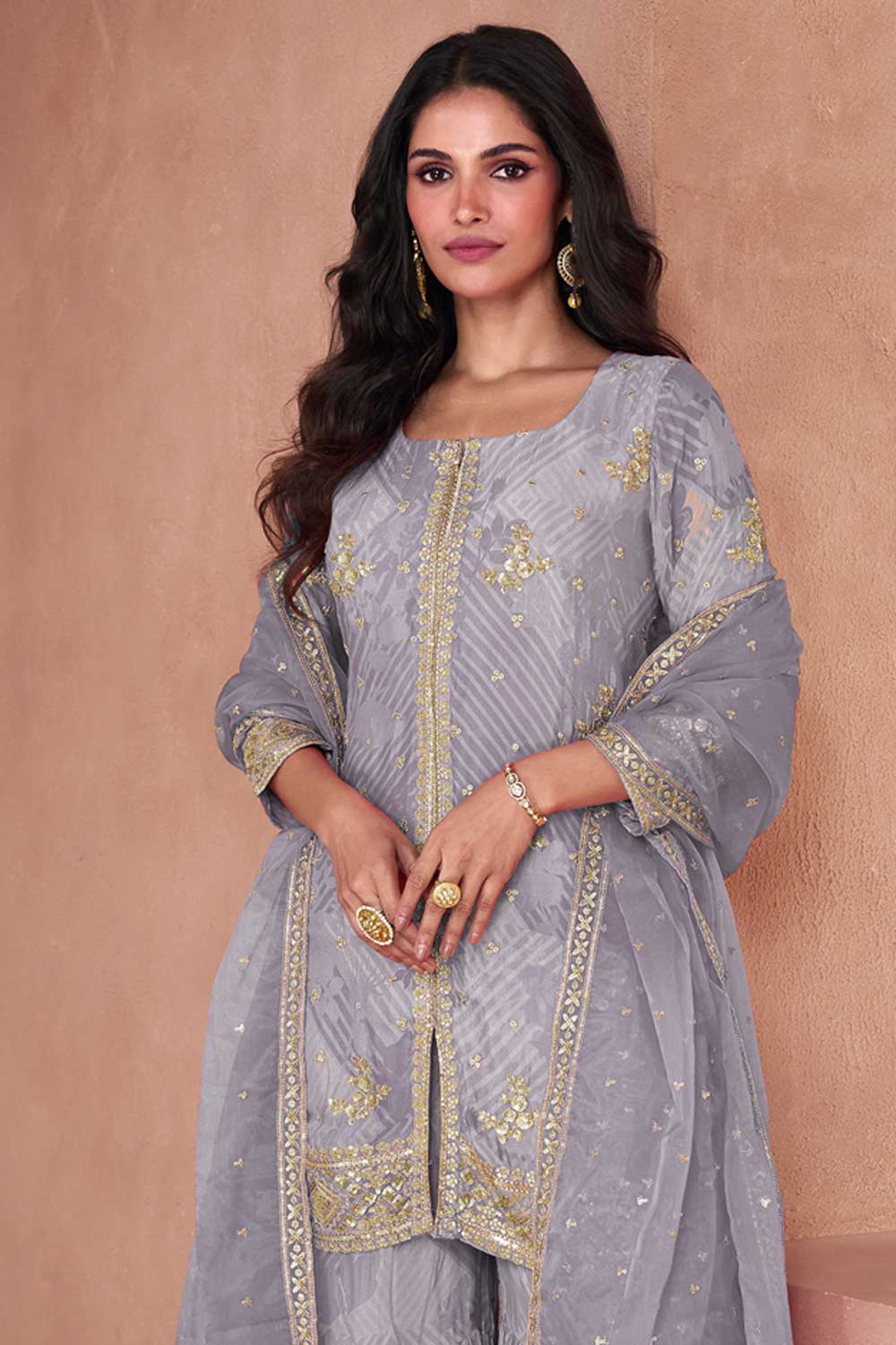 Grey Color Sober Palazzo Suit In Georgette Fabric