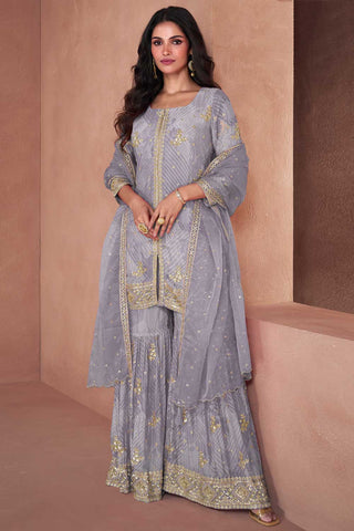 Grey Color Sober Palazzo Suit In Georgette Fabric