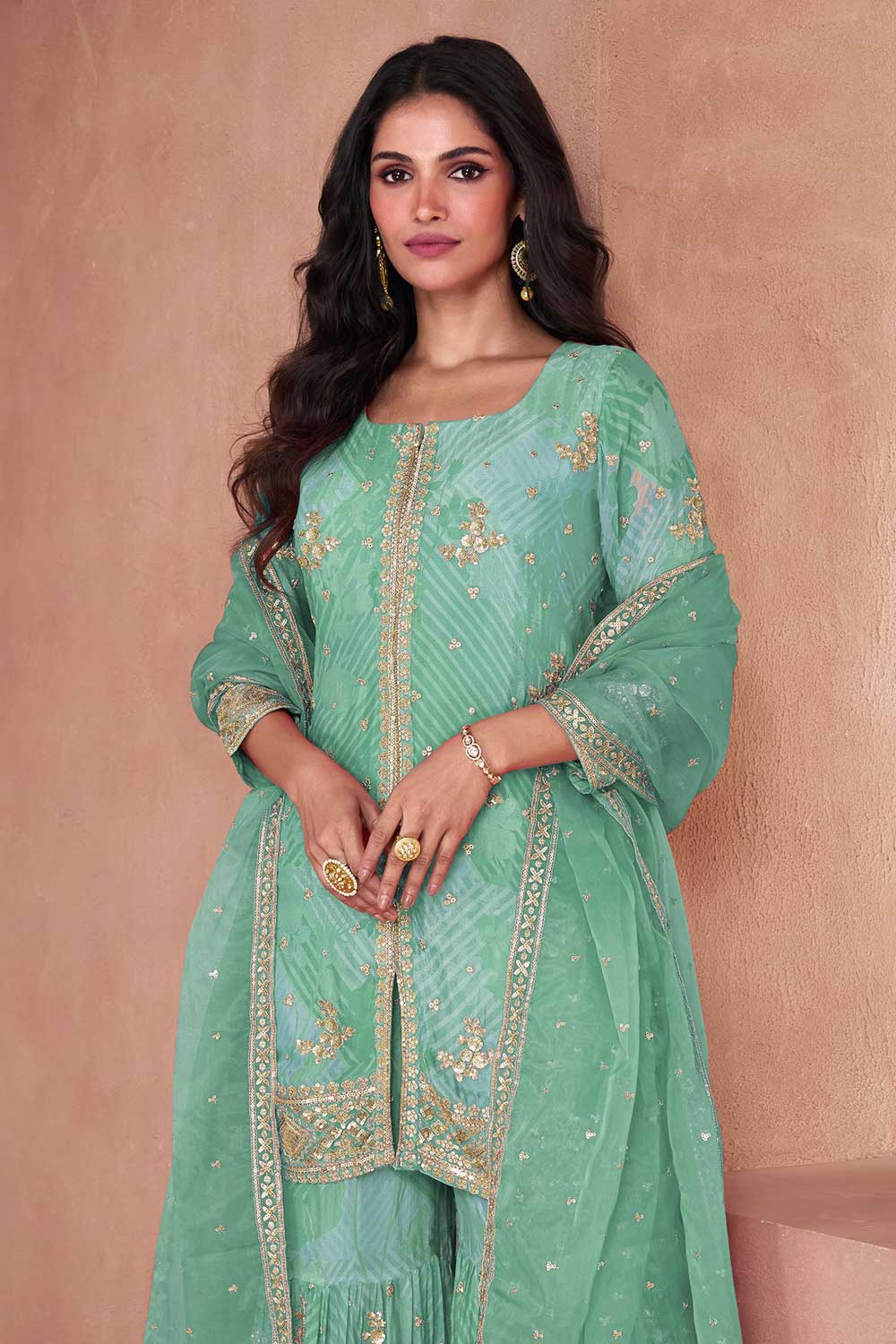 Creative Sea Green Color Georgette Fabric Palazzo Suit