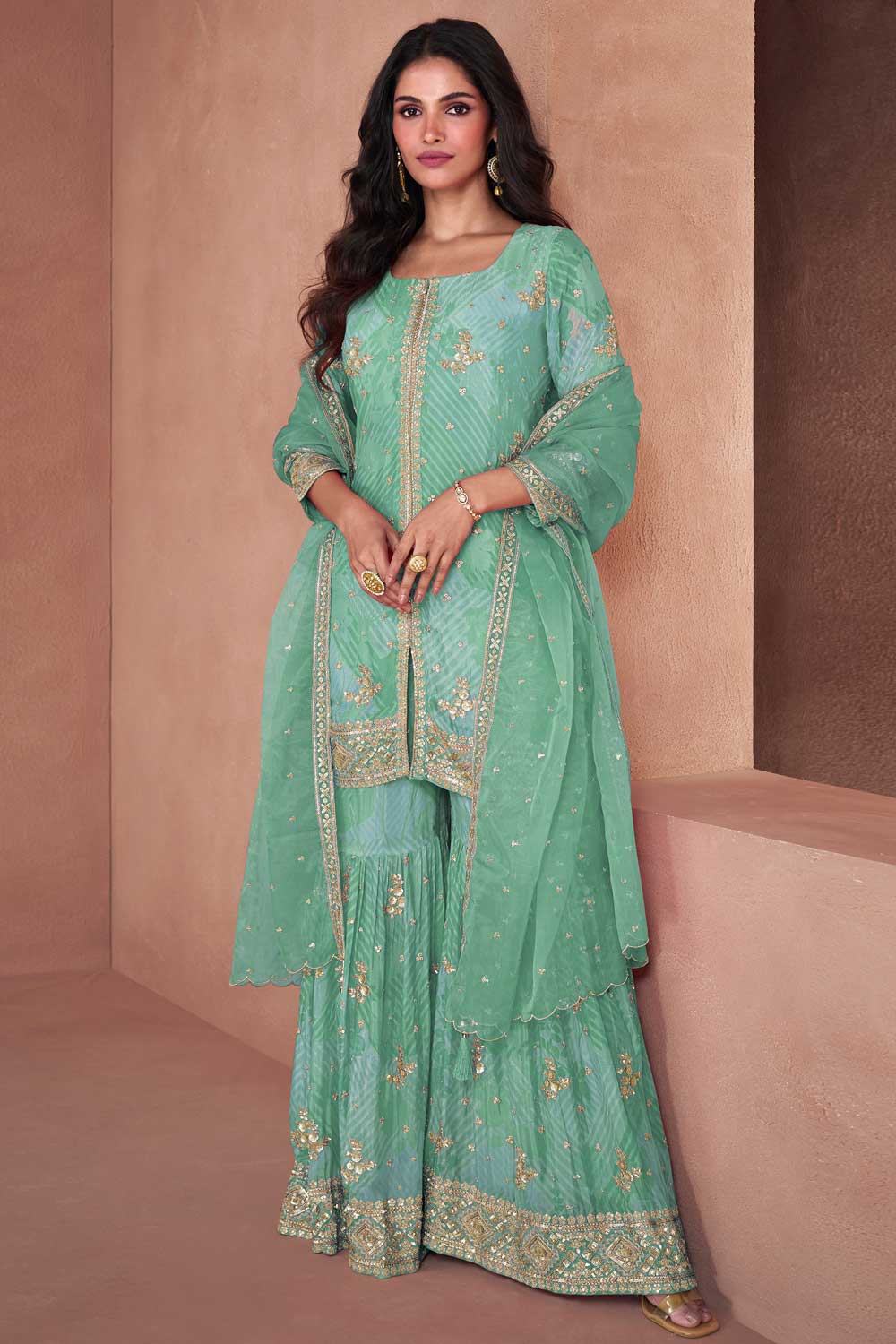 Creative Sea Green Color Georgette Fabric Palazzo Suit