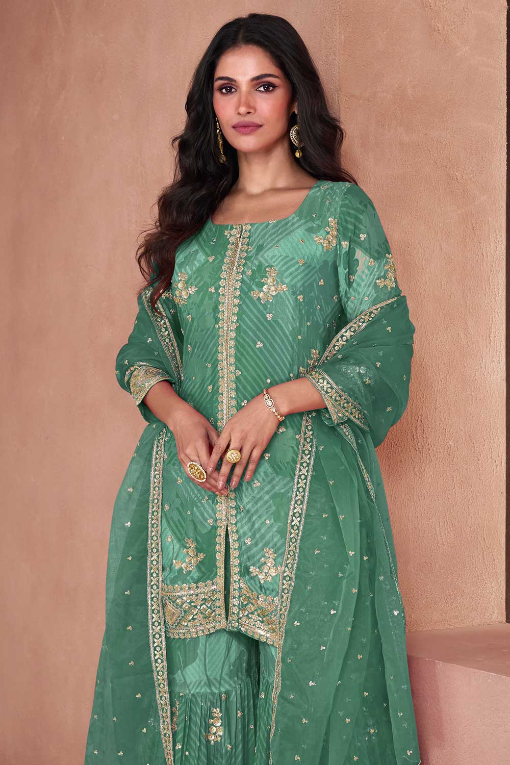 Excellent Georgette Fabric Green Color Palazzo Suit