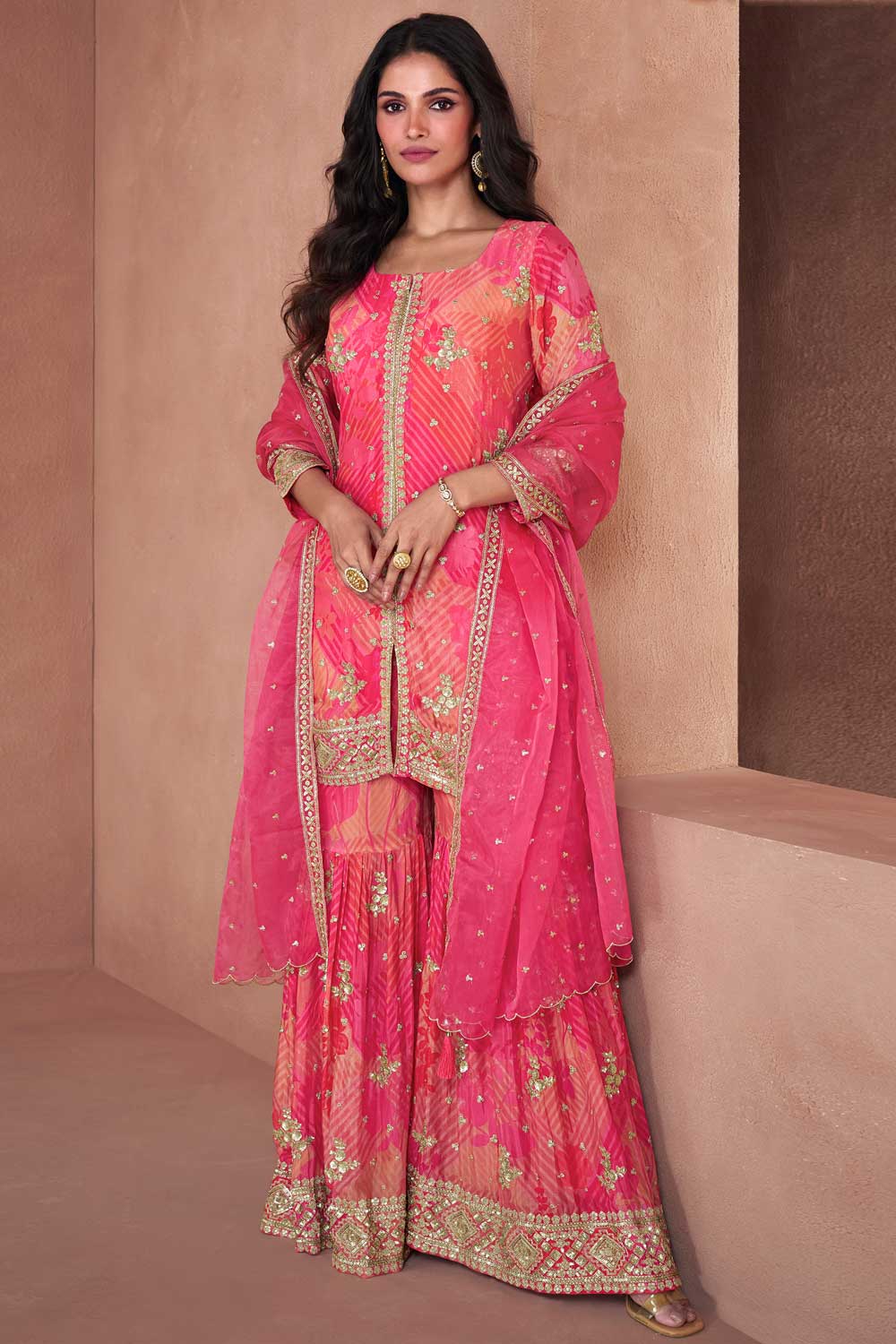 Pink Color Georgette Fabric Trendy Palazzo Suit