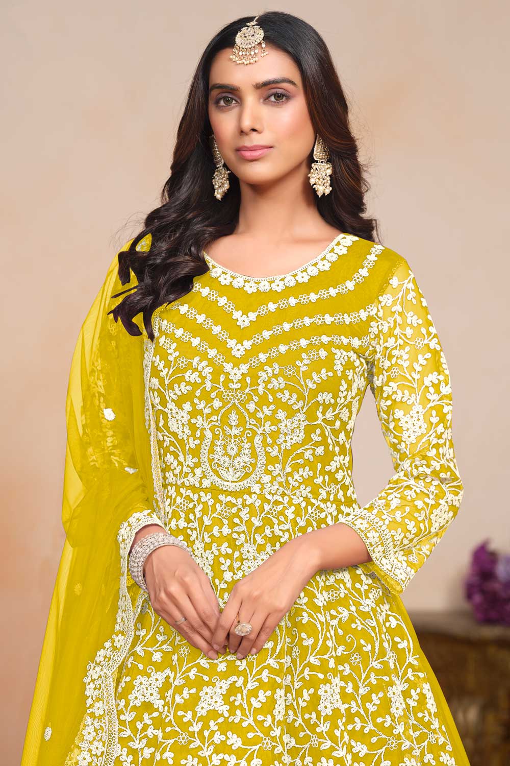 Tempting Net Fabric Yellow Color Embroidered Anarkali Suit