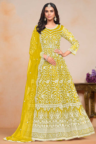 Tempting Net Fabric Yellow Color Embroidered Anarkali Suit